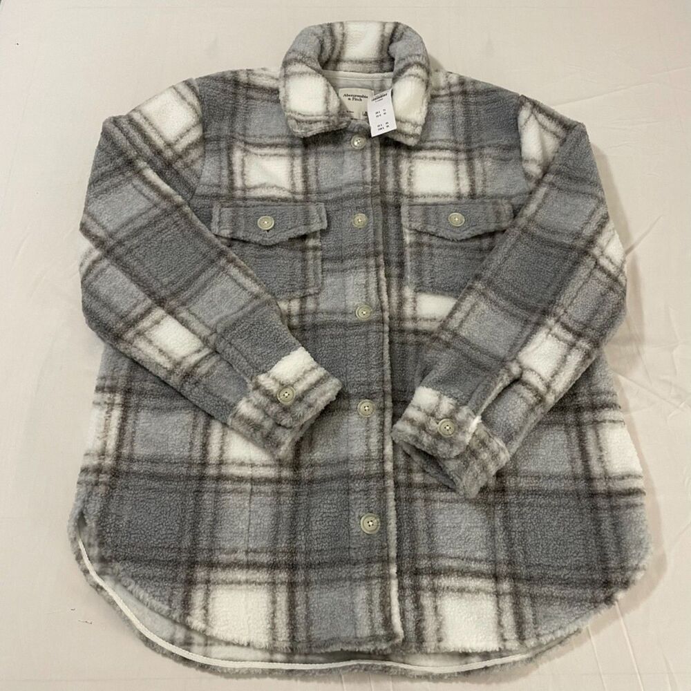 Abercrombie & Fitch Grey Plaid Button Up Sherpa Teddy Shacket Women’s XL